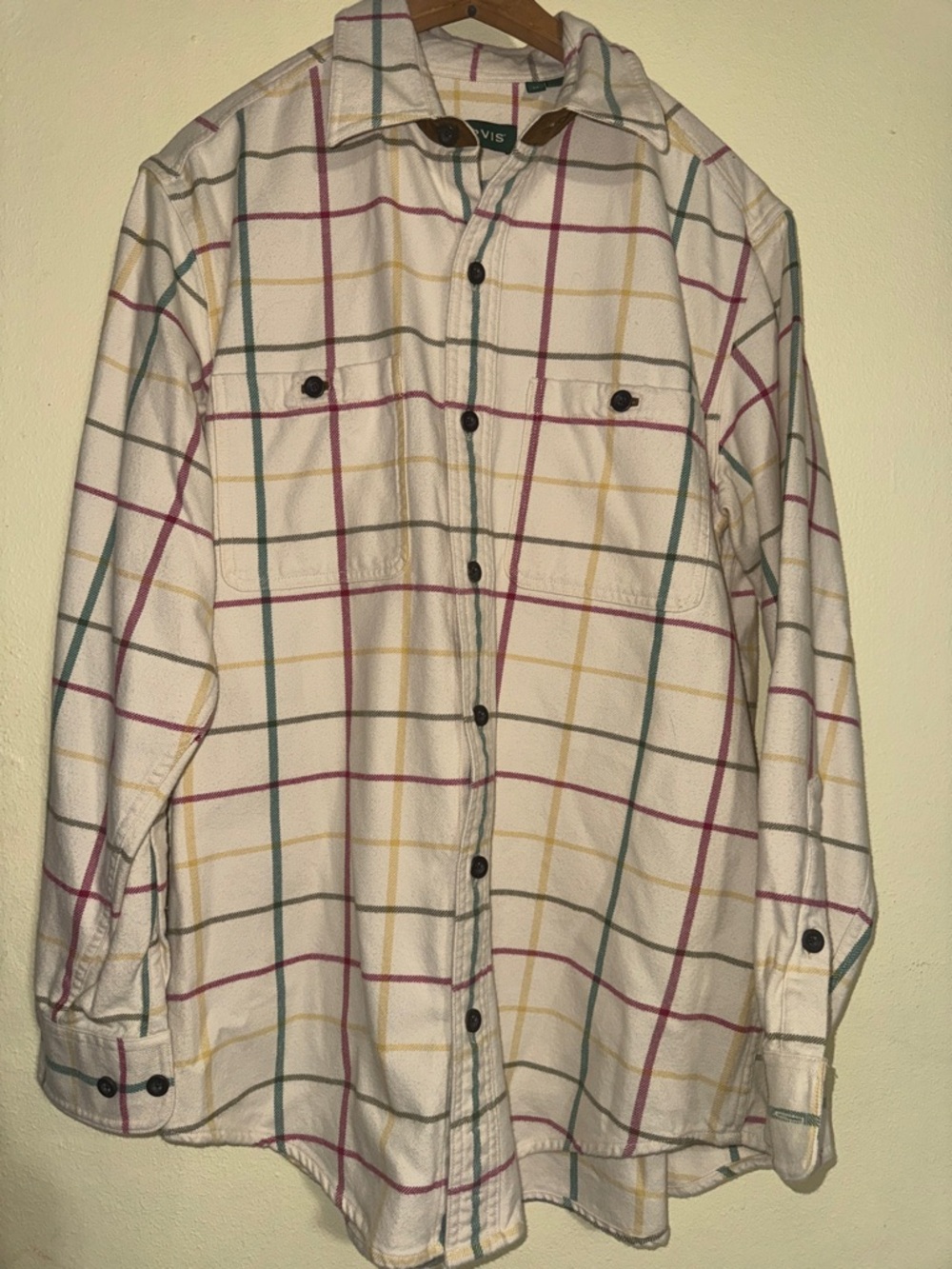 Orvis White Plaid Casual Button-Down Shirt with Red, Yellow, and Green Lines.